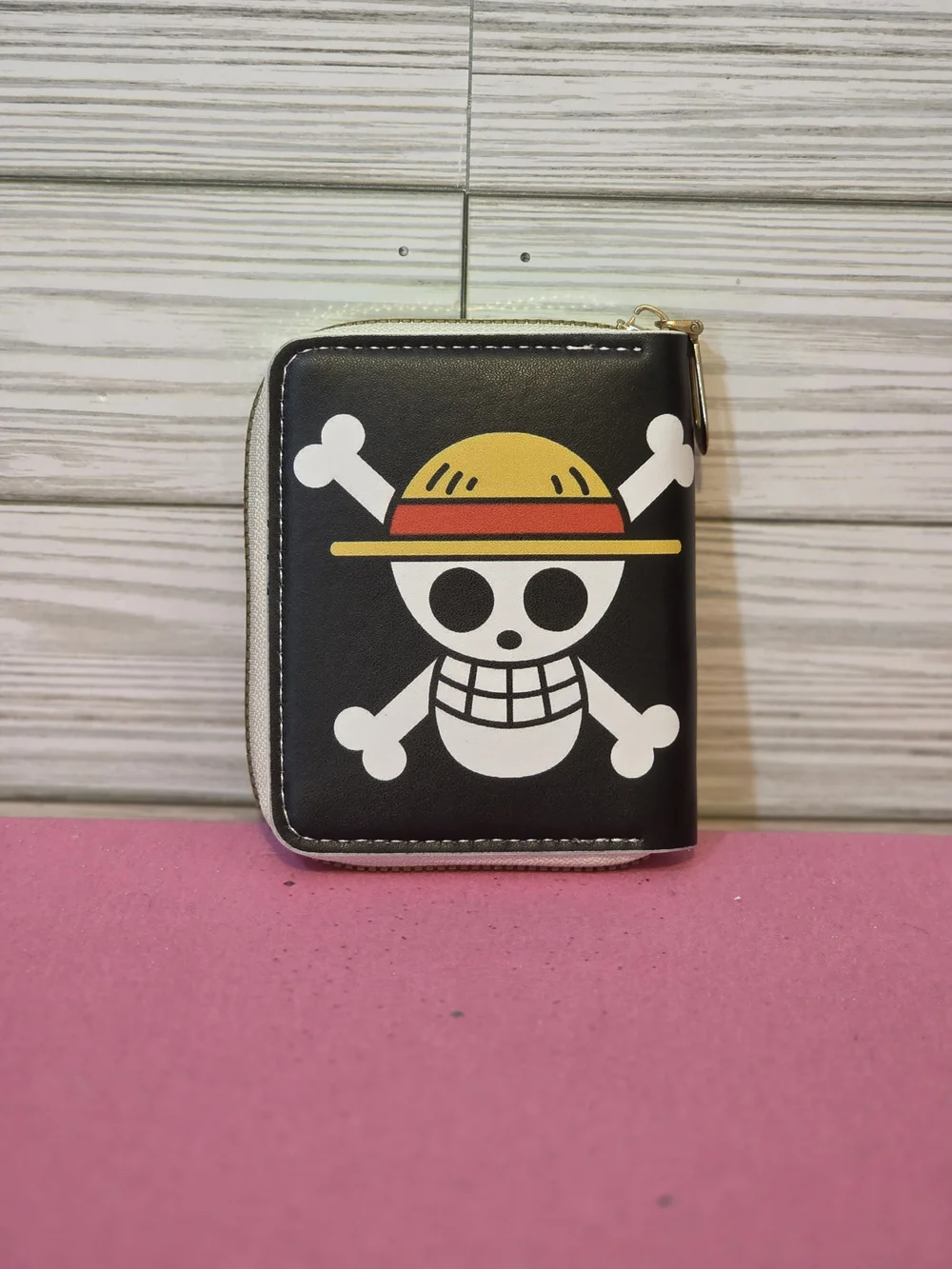 One Piece Monkey D. Luffy Straw Hat Jolly Roger Black Zip Wallet